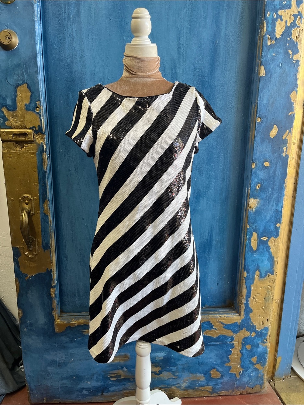 White House Black Market Black and White Diagonal Sequin Shift Dress